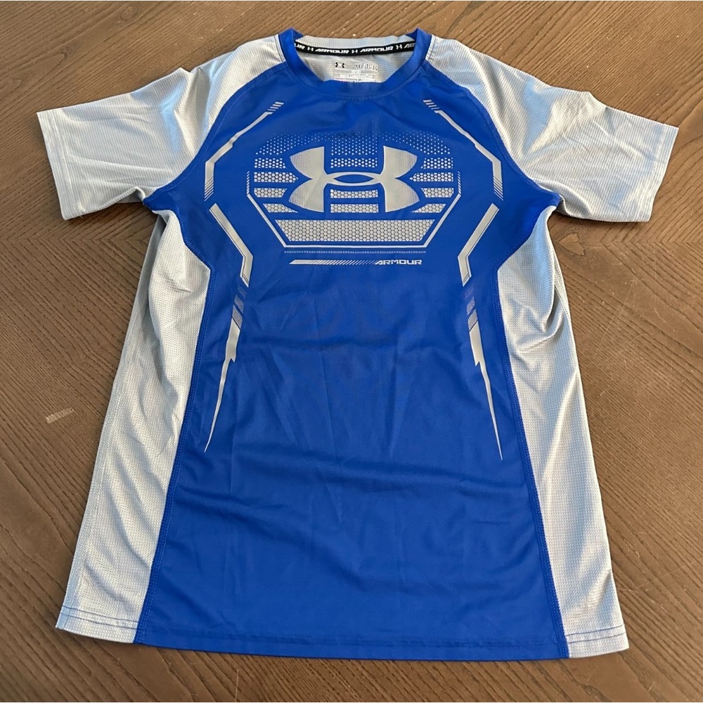 Under Armour Ylg Youth XL Fitted‎ Shirt Blue Gray Boys Short Sleeve Heatgear